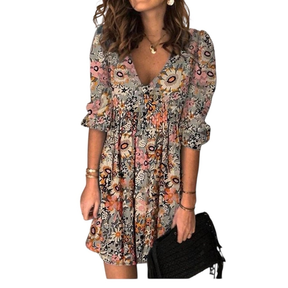 Boho Floral Mini Dress V-Neck Puff Sleeve Empire Waist Women’s Size S